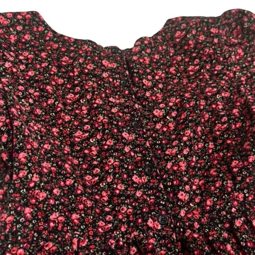Gap Black and Red Floral Corduroy Puff Sleeve Summer Holiday Dress Girl’s‎ XL